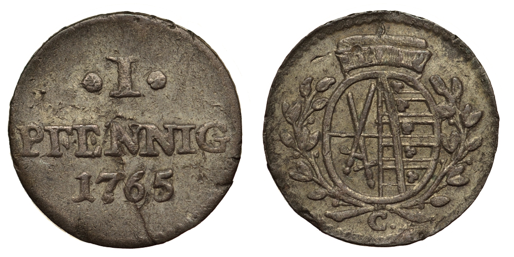 Саксония 1 пфенниг 1765 Фридрих Август III (1763-1806), из коллекции Gerhart Rother Merseb. 1912 серебро 413-6534