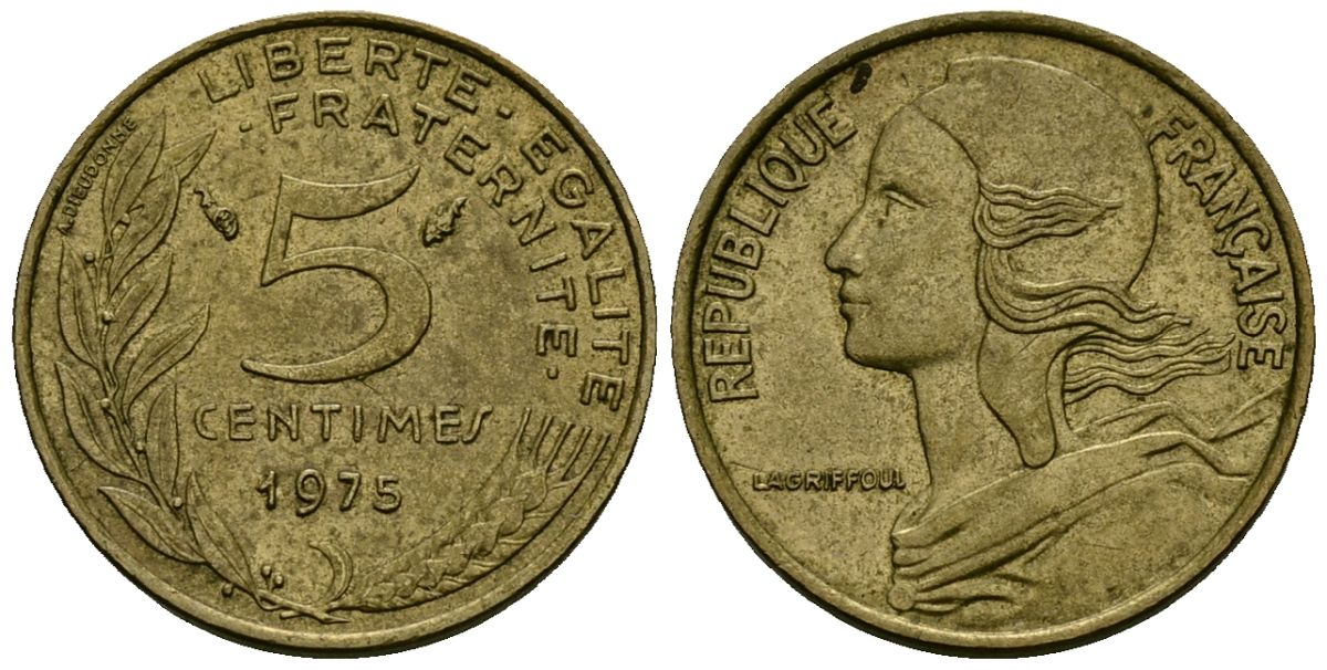 Франция 5 сантимов 1975 тип Marianne KM 933 алюминиевая бронза 4136-439