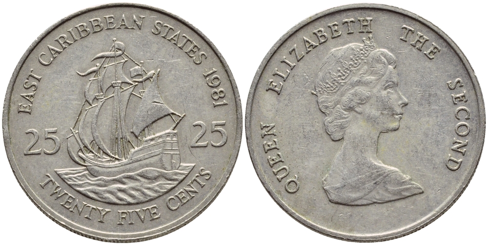 Восточно-Карибские штаты 25 центов 1981 Елизавета II (1952-2022), парусник KM 14 медно-никель 87-822
