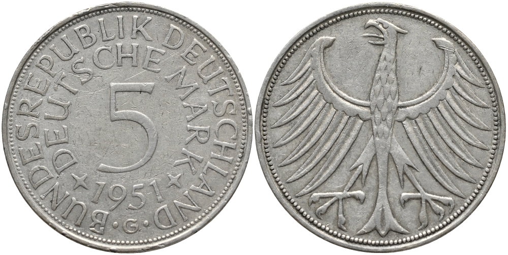 ФРГ 5 марок 1951 G KM 112.1, J. 387 серебро 1526-115