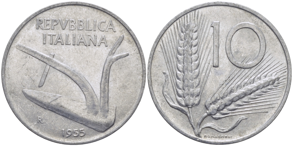 ИТАЛИЯ 10 ЛИР 1955 R, КОЛОСЬЯ, ПЛУГ KM 93 алюминий 28-125