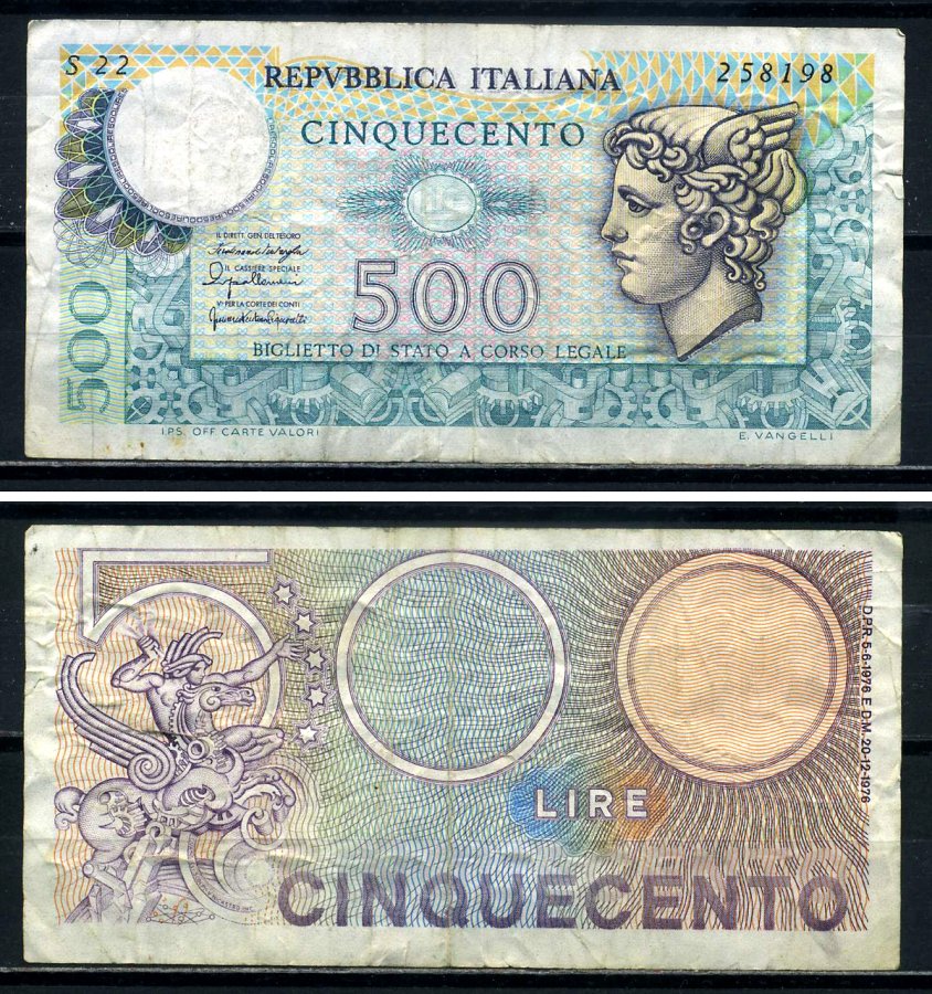 Италия 500 лир 1976 Меркурий Pick 95 бумага 8601-8-1-2