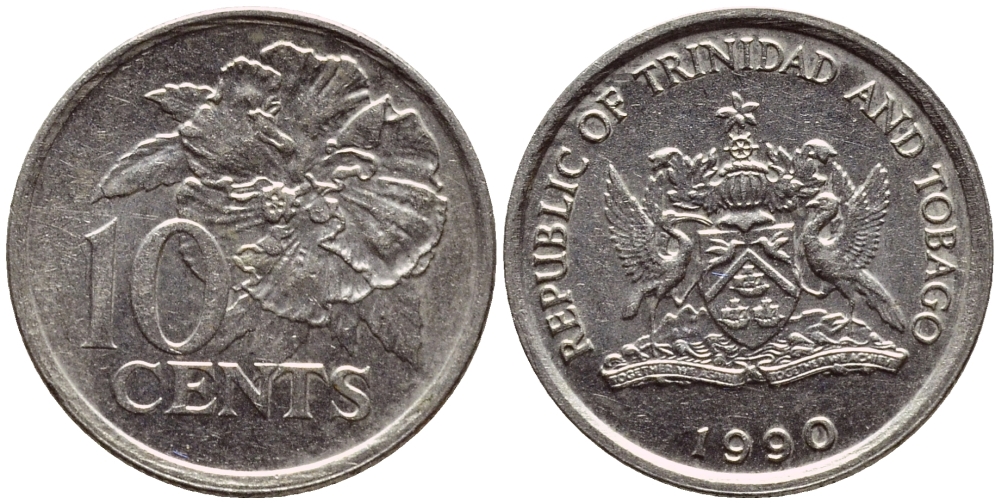 Тринидад и Тобаго 10 центов 1990 цветок гибискуса KM 31 медно-никель 4396-914