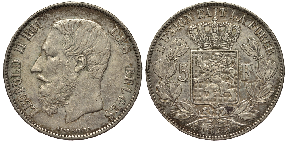 Бельгия 5 франков 1873 Леопольд II (1865-1909), ПОЗИЦИЯ А KM 24 серебро 1529-1044