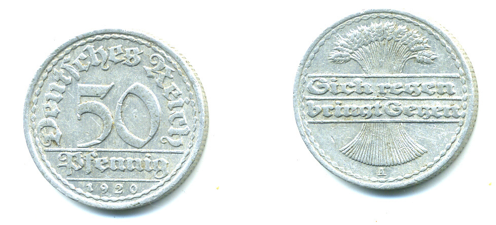 ГЕРМАНИЯ 50 ПФЕННИГОВ 1920 А KM 27, J. 301 алюминий 4381-454