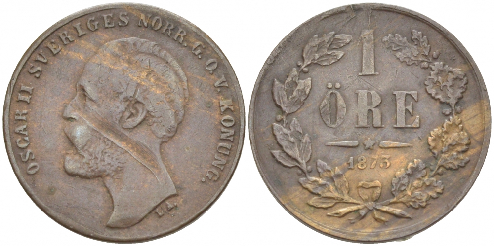Швеция 1 эре 1873 L A., Оскар II (1872-1907) король Швеции и Норвегии KM 728 бронза 3309-766