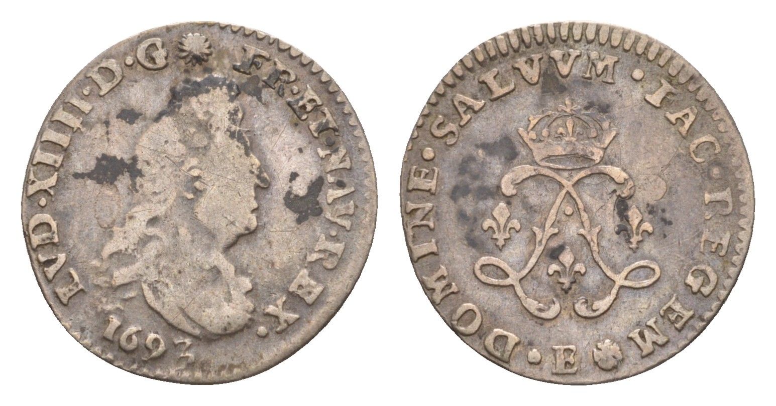 Франция 4 соля 2 денье 1693 E, Людовик XIV (1643-1715) KM 281 серебро 1515-341