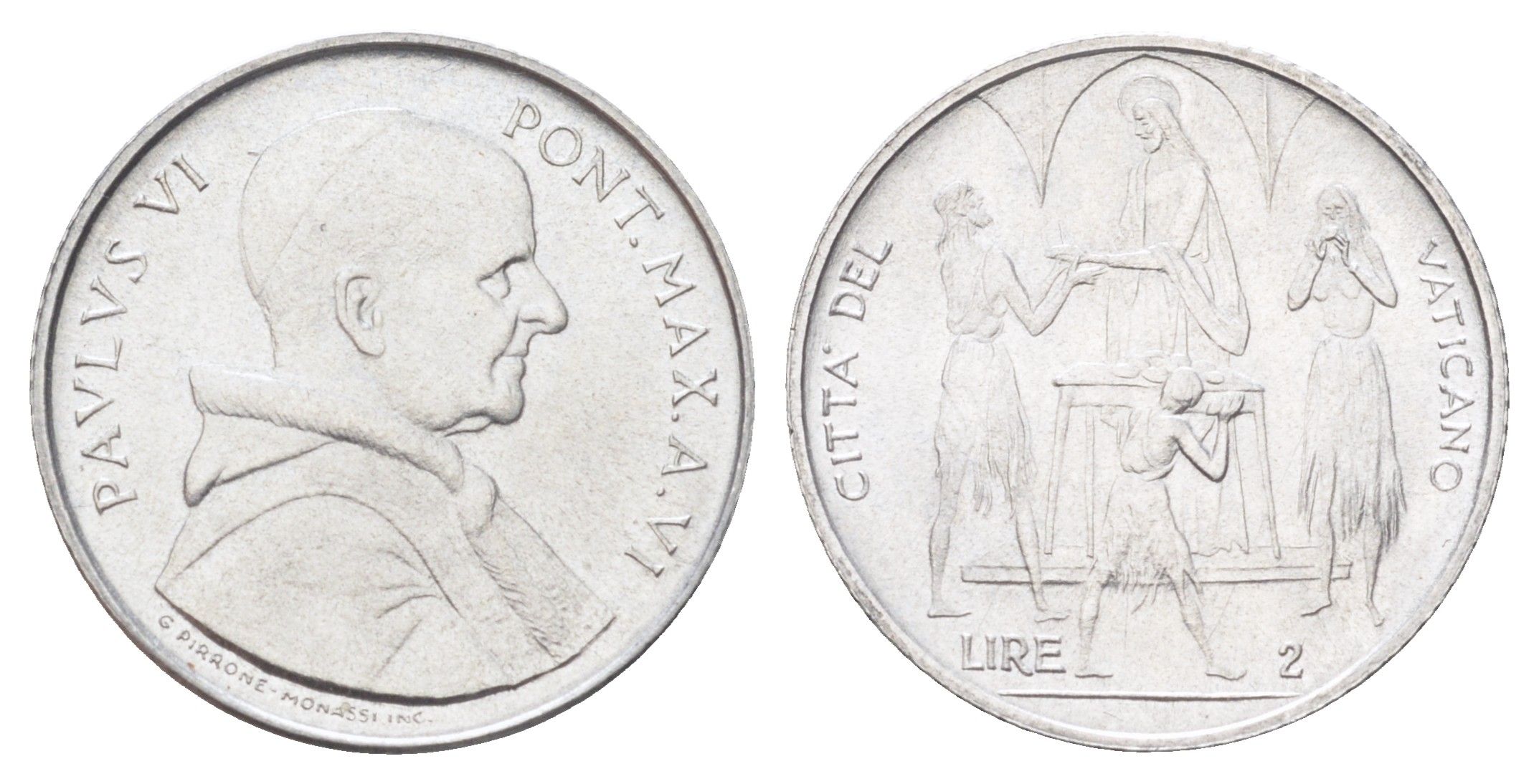 Ватикан 2 лиры 1968 MCMLXVIII, год-тип KM 101 алюминий UNC 4701-468