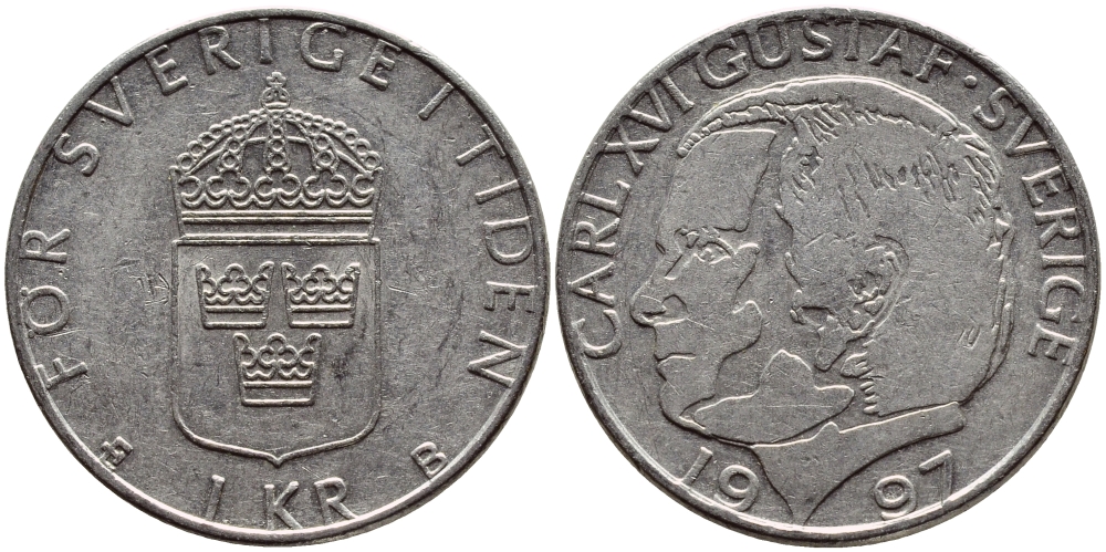 Швеция 1 крона 1997 Карл XVI Густав (1973- ) KM 852a медно-никель 4382-1246