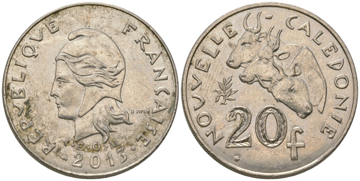 Французская Новая Каледония 20 франков 2013 три быка, (IEOM) KM 12a, Schoen 14a, Lec 115j медно-никель 84-1136