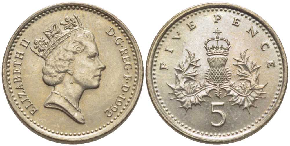 Великобритания 5 пенсов 1992 Елизавета II (1952-2022) KM 937b, Spink 4372 (D4) медно-никель 116-564