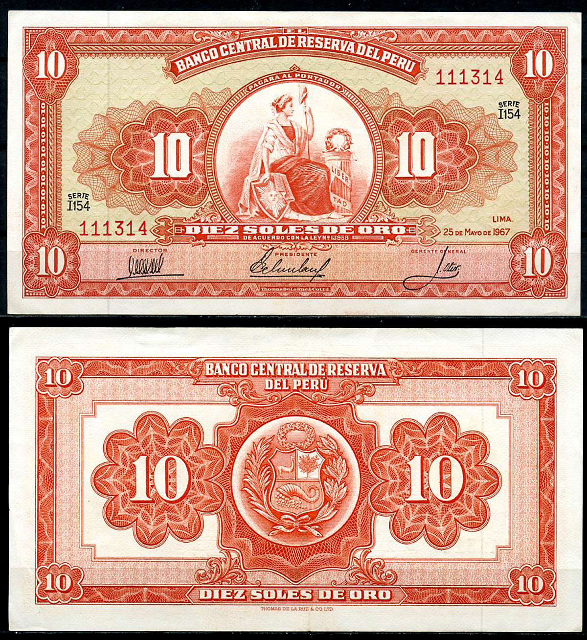 Перу 10 солей 1967 сидящая свобода, Thomas de la Rue Pick 84 a  бумага  аUNC 444-144-3-2