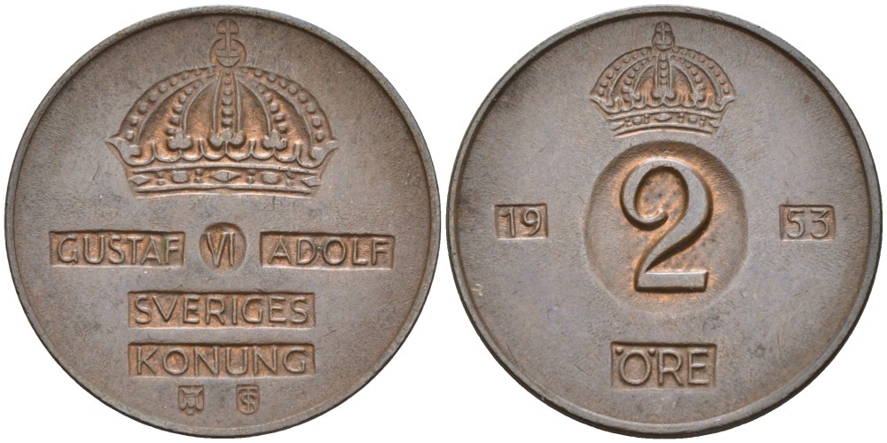 Швеция 2 эре 1953 TS, Густав VI Адольф (1950-1973) KM 821 бронза 68-1255