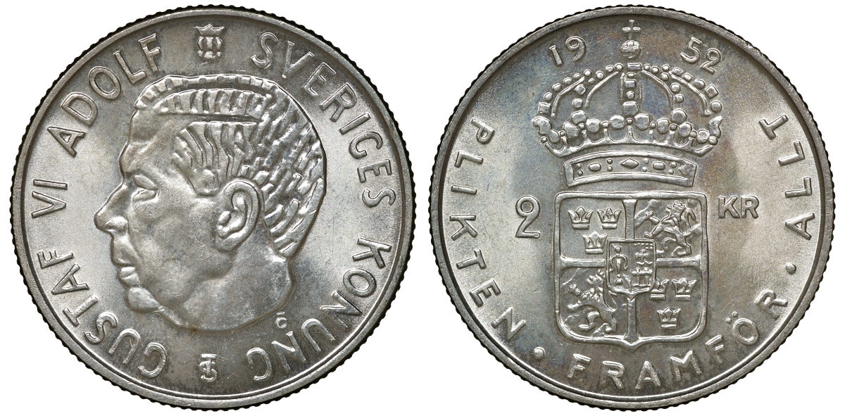 Швеция 2 кроны 1952 TS, Густав VI Адольф (1950-1973) KM 827 серебро 4179-1323
