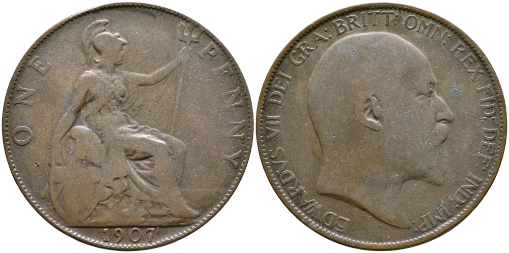 Великобритания 1 пенни 1907 Эдуард VII (1901-1910) KM 794.2, Spink 3990 бронза 4110-215