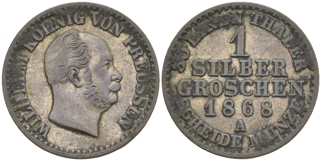 Пруссия 1 серебряный грош 1868 А, Вильгельм I (1861-1888) KM 485, Olding 415, AKS 103, J.89 серебро    44-951