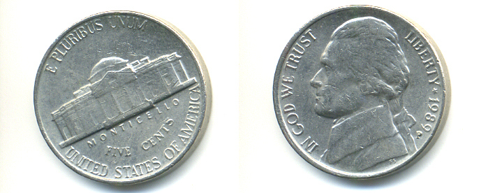 США 5 ЦЕНТОВ 1989 P, ДЖЕФФЕРСОН KM А192 медно-никель 86-621