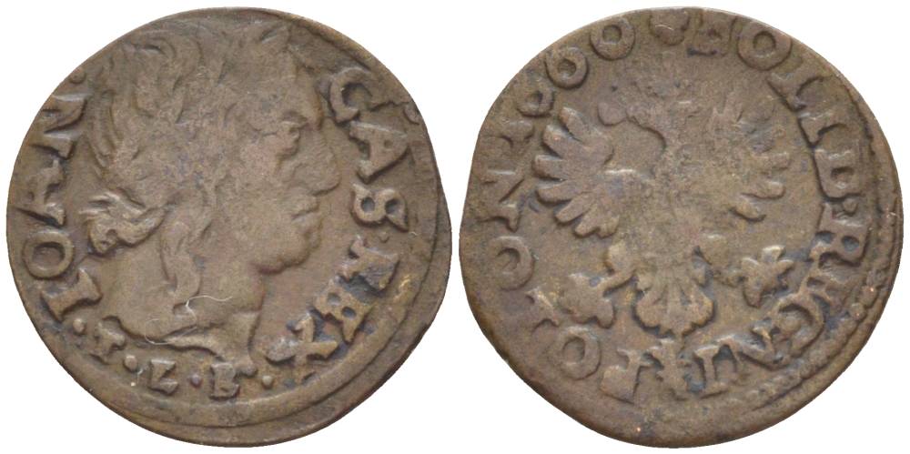 Польша 1 солид (шелаг, шиллинг) 1660 Ян II Казимир Ваза (1649-1668), боратынка, вес 1,05 гр. KM 110 медь 66-233