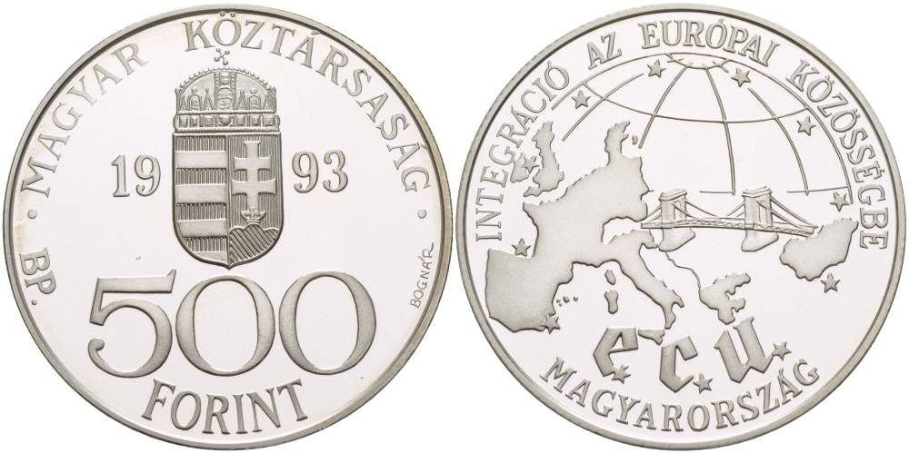 Венгрия 500 форинтов 1993 интеграция в ЕС, мост с Европой KM 704 серебро PROOF 1088-9-54