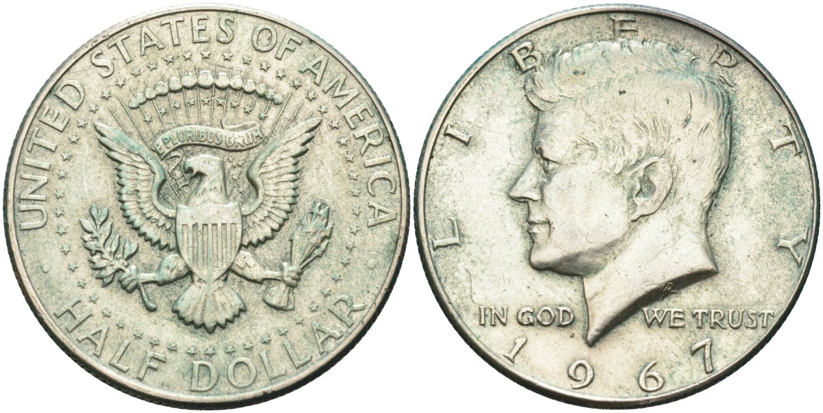 США 1/2 доллара (50 центов) 1967 Джон Кеннеди KM 202а серебро 4593-414