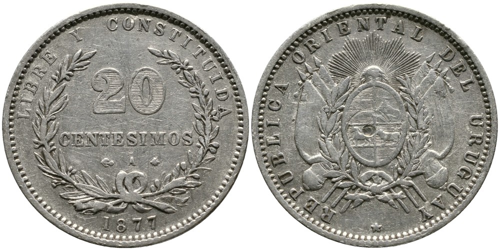 Уругвай 20 сентесимо 1877 А KM 15 серебро 4523-1235
