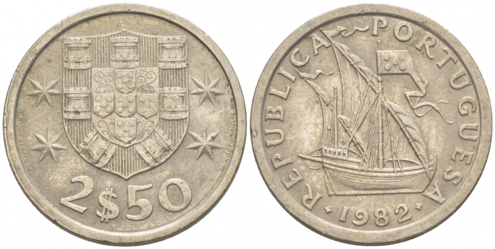 ПОРТУГАЛИЯ 2,5 ЭСКУДО 1982 ПАРУСНИК KM 590 медно-никель 3718-326