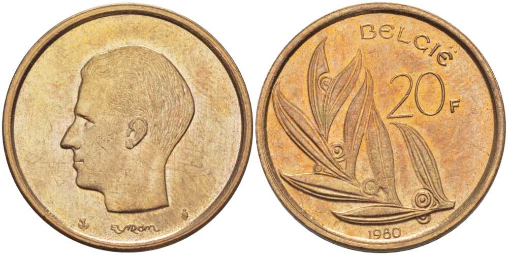 БЕЛЬГИЯ 20 ФРАНКОВ 1980 BELGIE, БОДУЭН I (1951-1993) KM 160 никель бронза 4391-515