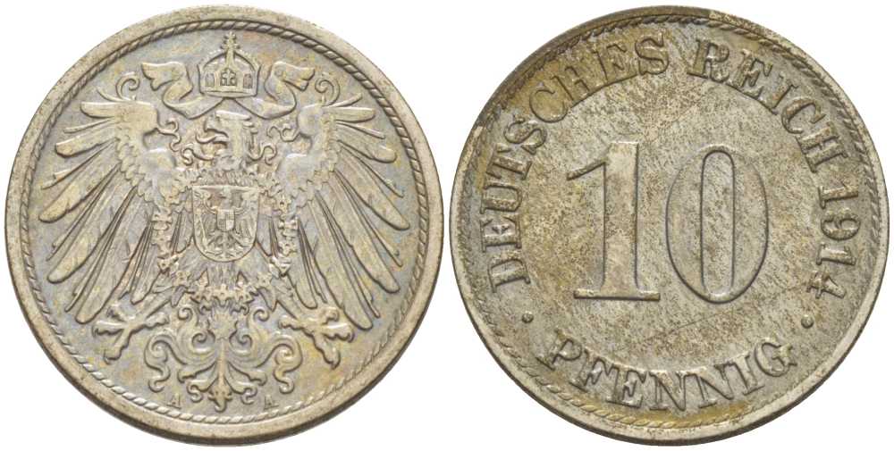 ГЕРМАНИЯ 10 ПФЕННИГОВ 1914 A KM 12, J. 13, Weege 8 медно-никель 212-244
