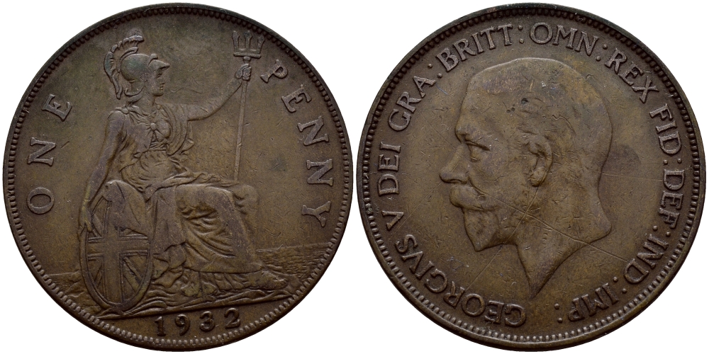 Великобритания 1 пенни 1932 Георг V (1910-1936) КМ 838, Spink 4055 бронза 540-423