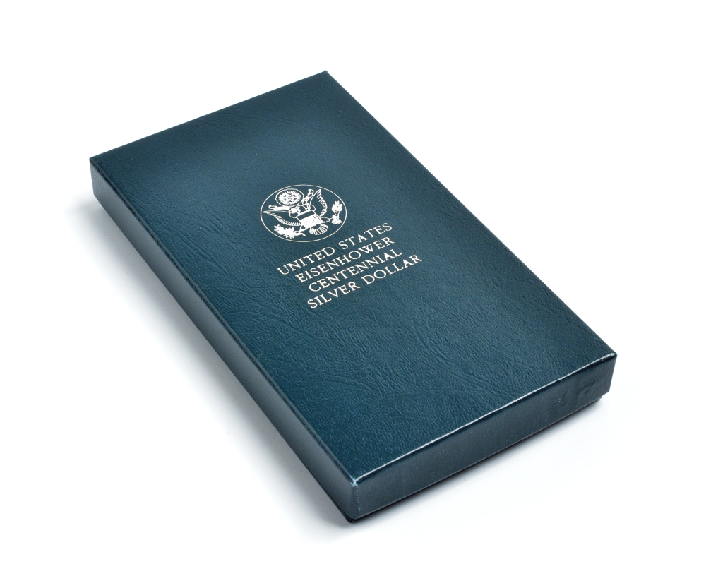 США 1 доллар 1990 Р, 100 лет со дня рождения Президента Эйзенхауэра, оригинальная коробка, сертификат KM 227 серебро PROOF 00-000-00