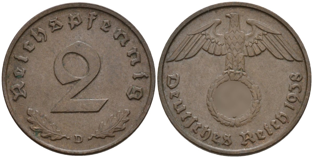 Германия 2 рейхспфеннига 1938 D KM 90, J. 362 бронза 4147-1269