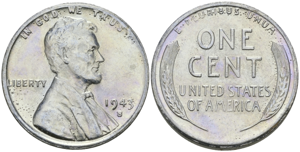 США 1 цент 1943 S (Сан-Франциско), Авраам Линкольн KM 132 a сталь плакированная цинком 96-1167
