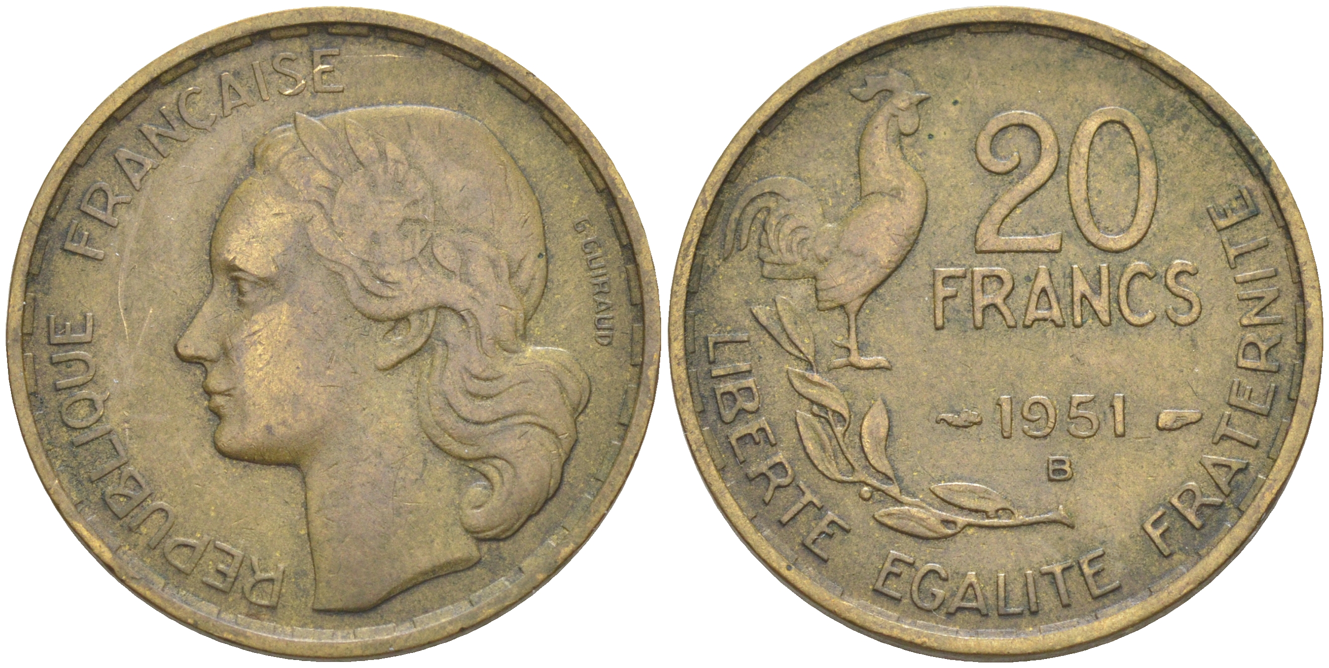 ФРАНЦИЯ 20 ФРАНКОВ 1951 B, ПЕТУХ, 4 ПЕРА KM 917.2, LE FRANC 402.8 алюминиевая бронза 106-312