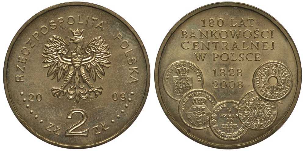 Польша 2 злотых 2009 MW, 180 лет центральному банку Польши KM 675 латунь 111-345