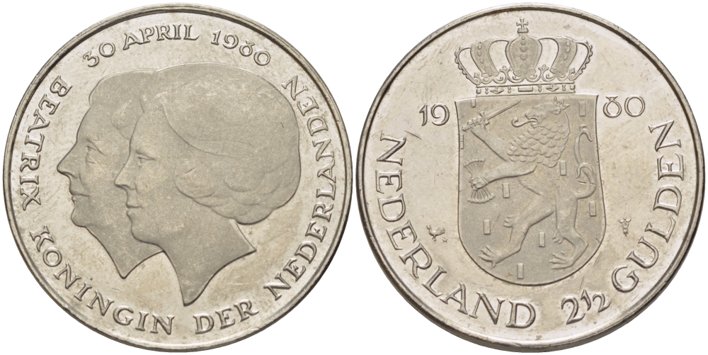 Нидерланды 2 1/2 гульдена 1980 коронация Беатрикс, 30 апреля 1980 KM 201 никель 38-141