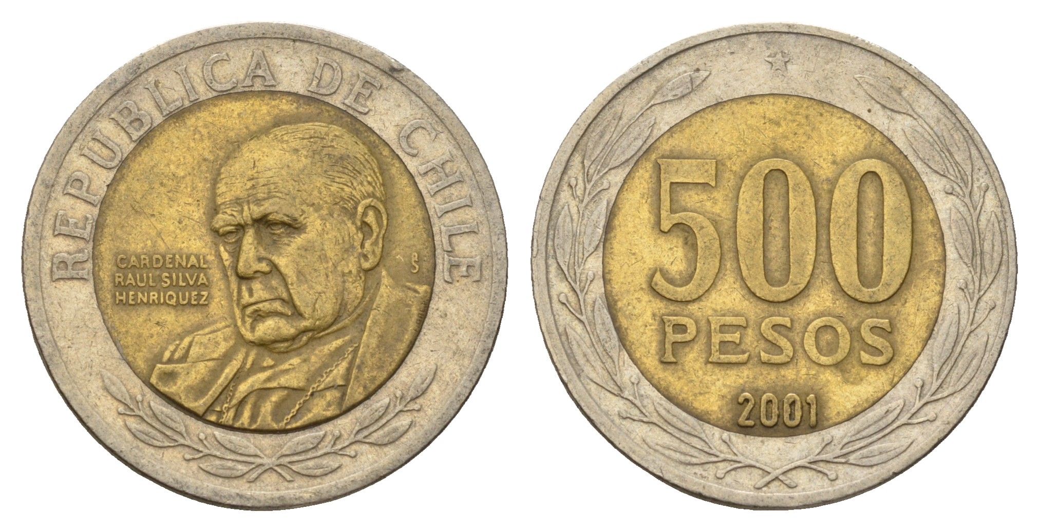 Чили 500 песо 2001 кардинал Рауль Сильва Энрикес (1907-1999) KM 235 биметалл 4116-325