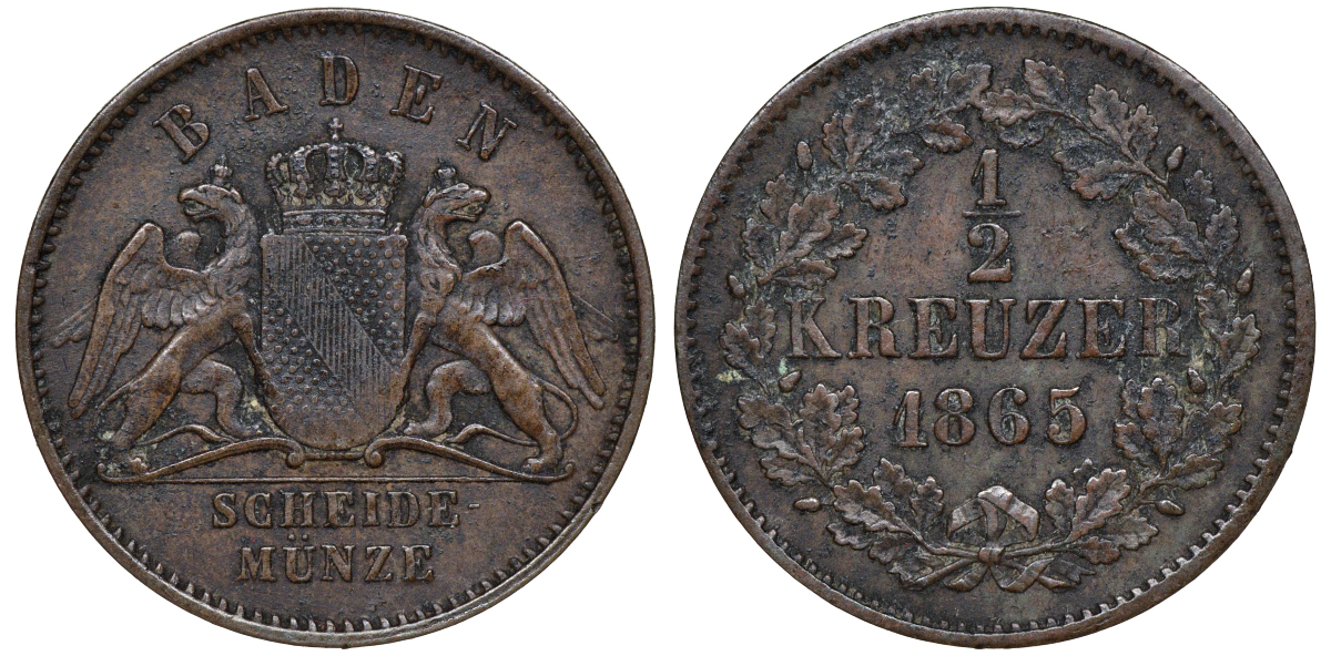 Баден 1/2 крейцера 1865 Фридрих I (1856-1907) KM 241, AKS 15, Jaeger 1 медь    220-941