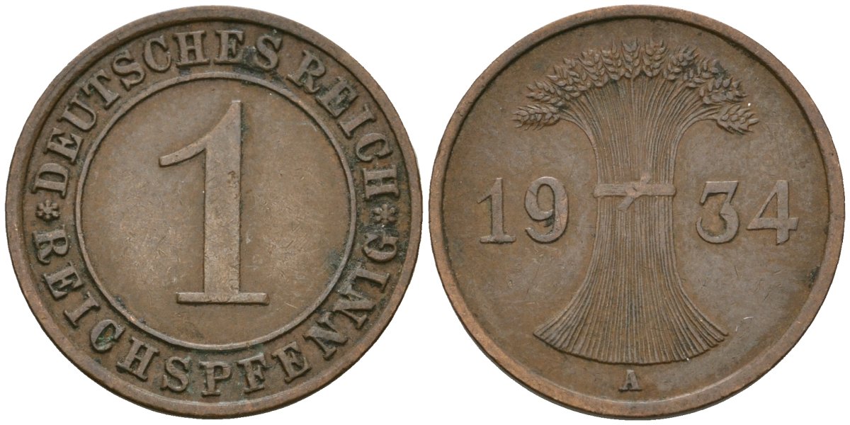 Германия 1 рейхспфенниг 1934 A KM 37, J. 313 бронза 4189-1243