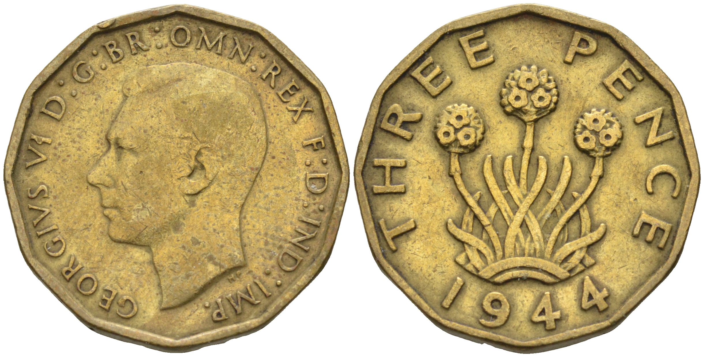 Великобритания 3 пенса 1944 Георг VI (1936-1952) KM 849, Spink 4112 никель латунь  4187-533