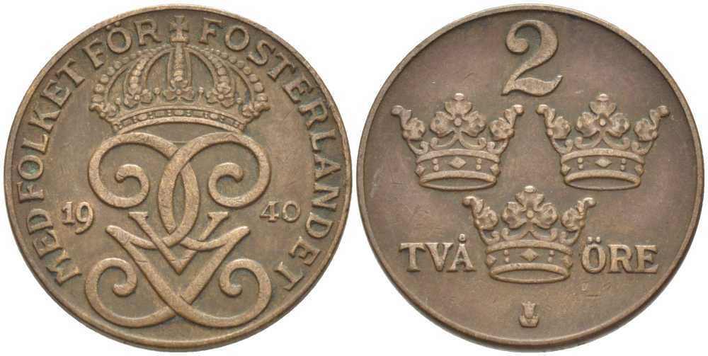 Швеция 2 эре 1940 Густав V (1907-1950) KM 778 бронза 119-1022
