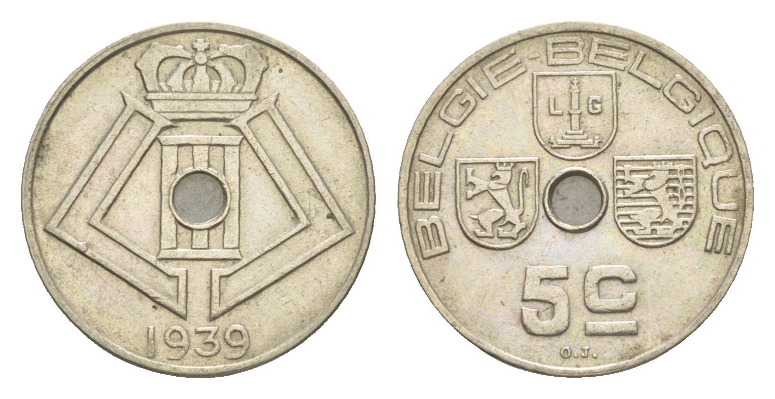 Бельгия 5 сантимов 1939 Belgie - Belgique, Альберт I (1909-1934) KM 111 никель латунь 4169-431