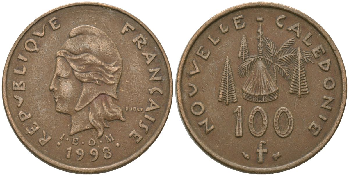 Французская Новая Каледония 100 франков 1998 хижина среди сосен и пальм, (IEOM) KM 15, Schoen 16, Lec 139b никель бронза 88-1226