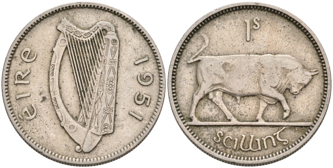 Ирландия 1 шиллинг 1951 бык KM 14а медно-никель 4561-1111