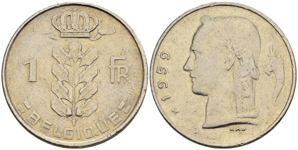 БЕЛЬГИЯ 1 ФРАНК 1959 BELGIQUE KM 142.1 медно-никель 4546-444