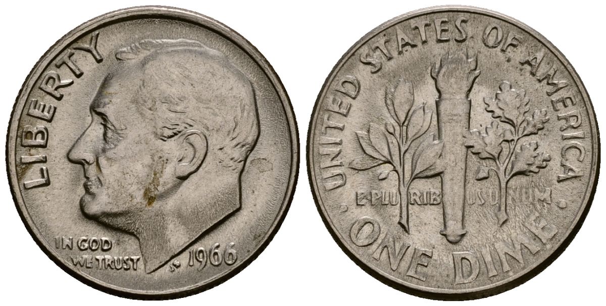 США 10 центов (дайм) 1966 Рузвельт KM 195a медь плакированная медно-никелем 4164-926