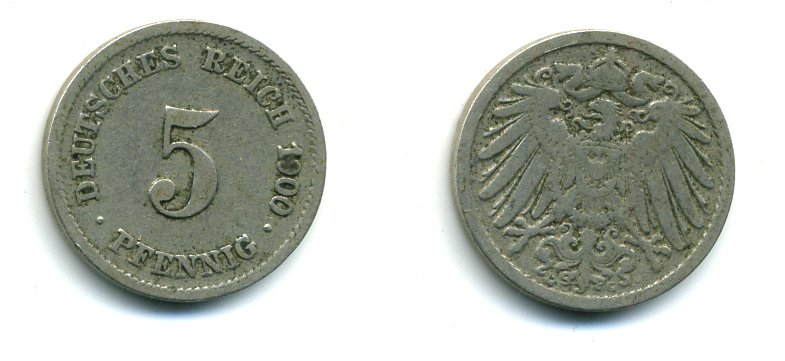 ГЕРМАНИЯ 5 ПФЕННИГОВ 1900 G, KM 11, J. 12 медно-никель 54-369