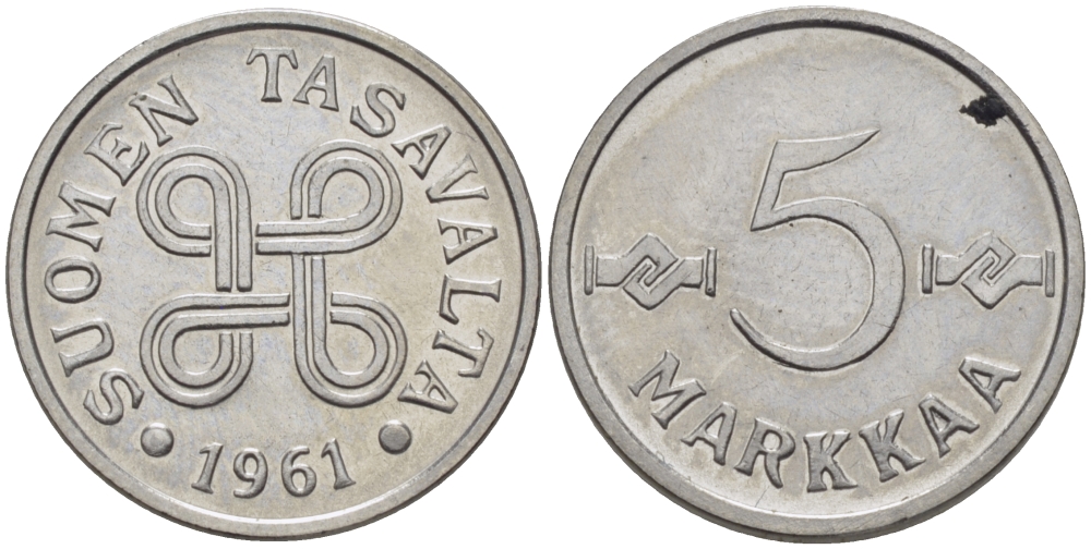 Финляндия 5 марок 1961 KM 37a никелированное железо 100-226