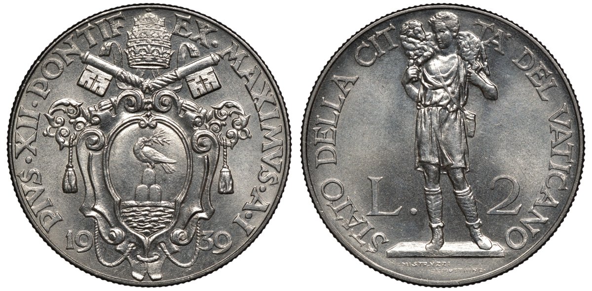 Ватикан 2 лиры 1939 папа Пий XII (1939-1958) KM 27 никель UNC 00-00