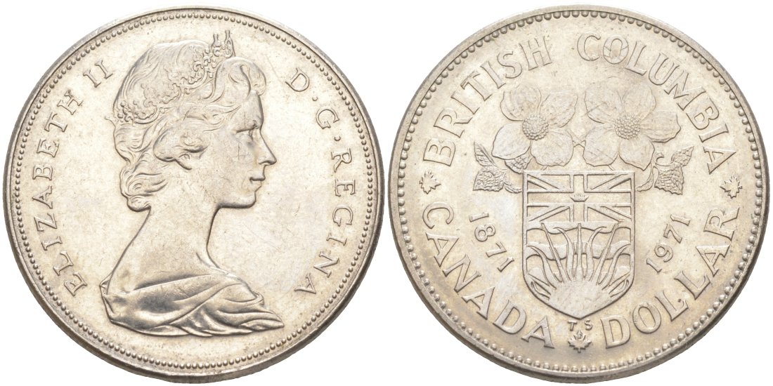 Канада 1 доллар 1971 100 лет со дня присоединения провинции Британская Колумбия (1871-1971) KM 79 никель UNC 63-524