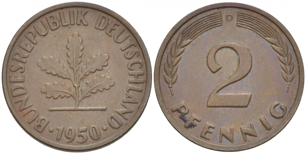 ФРГ 2 ПФЕННИГА 1950 D KM 106, J. 381 бронза 112-928